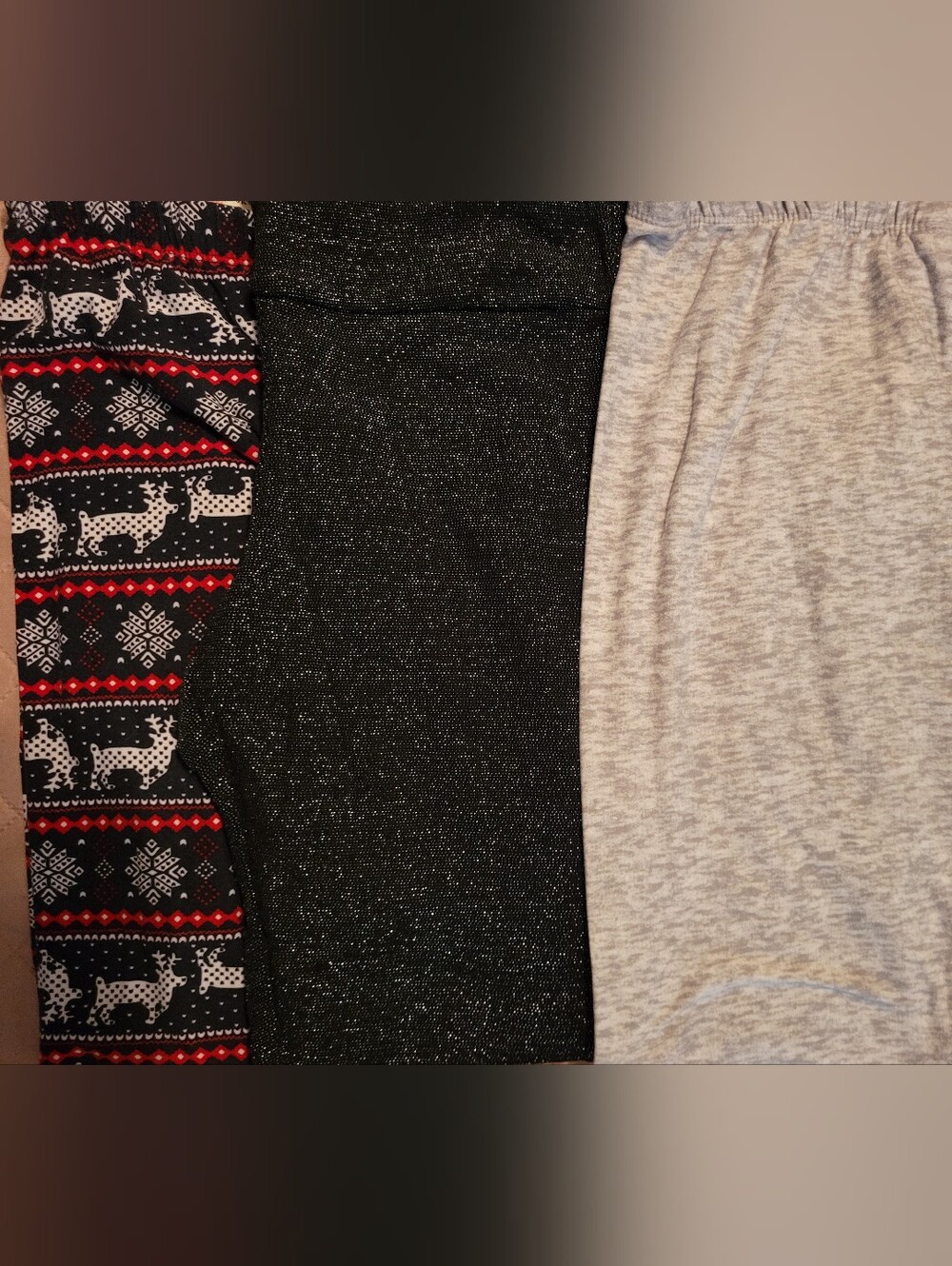 3 Pairs Leggings - Black Shimmer, Red & Black. The Gray are Capris